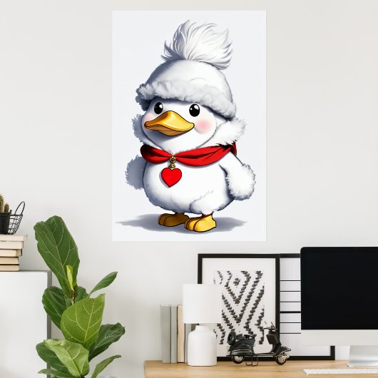 Leuke Cartoon eend in een Pet en sjaal | AI Art Poster (Thuiskantoor)