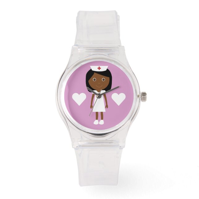 Leuke Cartoon Etnische Verpleegster & Harten Roze Horloge (Voorkant)