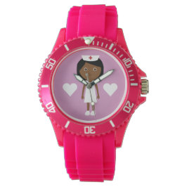 Leuke Cartoon Etnische Verpleegster & Harten Roze Horloge