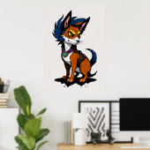 Leuke Cartoon Fox met Blauw Haar | AI Art Poster (Thuiskantoor)