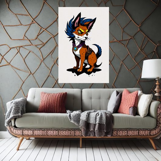Leuke Cartoon Fox met Blauw Haar | AI Art Poster