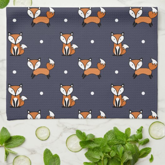 Leuke Cartoon Fox Pattern op Midnight Blue Theedoek (Gevouwen)