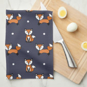 Leuke Cartoon Fox Pattern op Midnight Blue Theedoek (Quarter Fold)