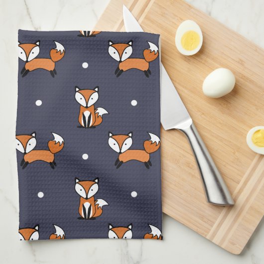 Leuke Cartoon Fox Pattern op Midnight Blue Theedoek (Quarter Fold)