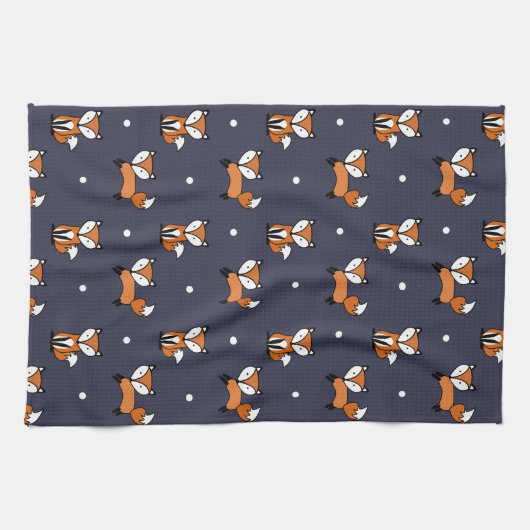 Leuke Cartoon Fox Pattern op Midnight Blue Theedoek (Horizontaal)