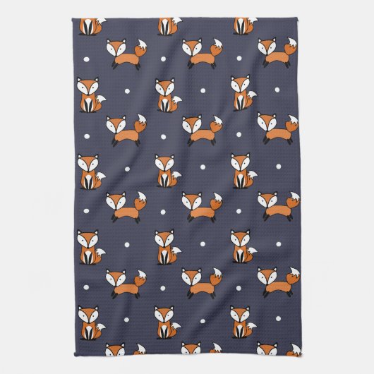 Leuke Cartoon Fox Pattern op Midnight Blue Theedoek (Verticaal)