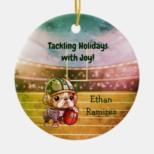 Leuke Cartoon Franse bulldog quarterback vakantie Keramisch Ornament (Voorkant)