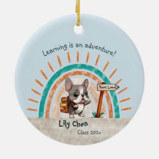 Leuke Cartoon Franse Bulldog Terug naar School stu Keramisch Ornament (Achterkant)