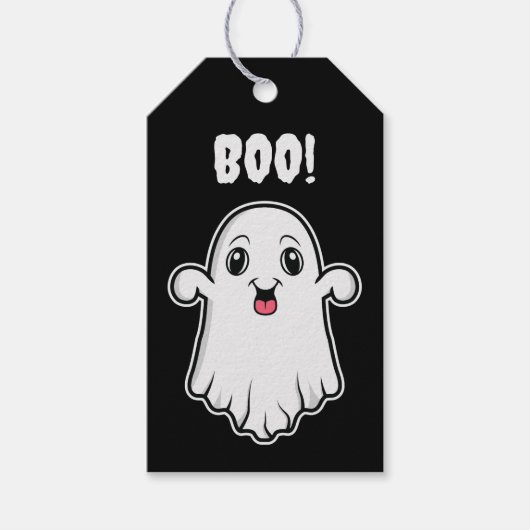 Leuke Cartoon Geesten Happy Halloween Zwart Wit Cadeaulabel (Voorkant)