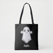Leuke Cartoon Ghost Met Aangepaste Naam Wit Zwart Tote Bag (Voorkant)