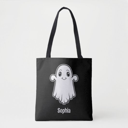 Leuke Cartoon Ghost Met Aangepaste Naam Wit Zwart Tote Bag (Voorkant)