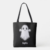 Leuke Cartoon Ghost Met Aangepaste Naam Wit Zwart Tote Bag (Achterkant)