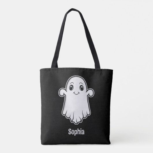 Leuke Cartoon Ghost Met Aangepaste Naam Wit Zwart Tote Bag (Achterkant)