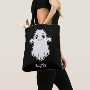 Leuke Cartoon Ghost Met Aangepaste Naam Wit Zwart Tote Bag