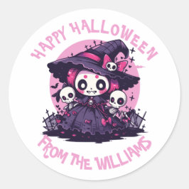 Leuke Cartoon Heks Skelet Illustratie Halloween Ronde Sticker