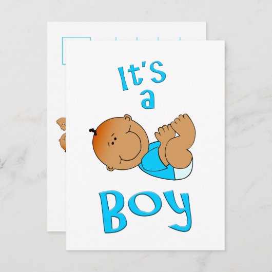 Leuke Cartoon Het is een Boy Tekst in Helderblauw Uitnodiging Briefkaart (Voorkant / Achterkant)