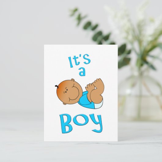 Leuke Cartoon Het is een Boy Tekst in Helderblauw Uitnodiging Briefkaart (Staand voorkant)