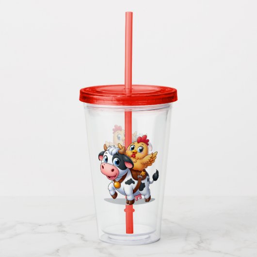 Leuke cartoon koe/kip acryl drinkbeker (Voorkant)