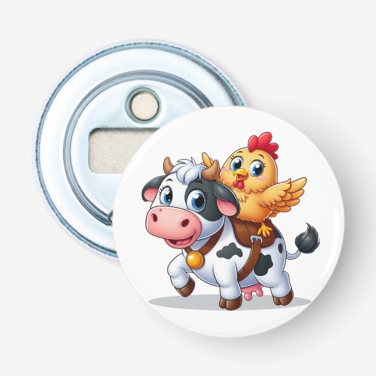 Leuke cartoon koe/kip button flesopener (Voorkant)