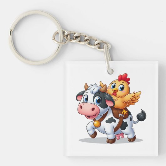Leuke cartoon koe/kip sleutelhanger (voorkant)