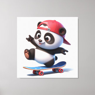 Leuke Cartoon Panda op Skateboard Canvas Afdruk