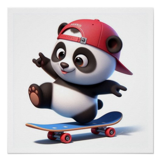 Leuke Cartoon Panda op Skateboard Perfect Poster (Voorkant)