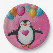 Leuke cartoon pinguïn met ballonnen papieren bordje (Voorkant)