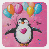 Leuke cartoon pinguïn met ballonnen vierkante sticker (Voorkant)