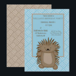 Leuke Cartoon Porcupine Kids Verjaardagsfeestje Kaart<br><div class="desc">Gooi het perfecte feestje voor dierenvrienden en liefhebbers van stekelvarkens met deze feestuitnodigingen. Deze uitnodigingen zijn voorzien van een illustratie van een schattig cartoon stekelvarken in bruin en bruin gezet tegen een lichtblauwe achtergrond. De achterzijde heeft een coördinerende geelbruine achtergrond. Deze feestuitnodigingen zijn klaar om te worden aangepast met al...</div>