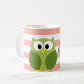 Leuke Cartoon Uil - Koraal & Groene Naam Kalligraf Koffiemok (Voorkant links)