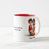 Leuke Cartoon van Desi bruid & bruidegom indiaanse Tweekleurige Koffiemok (Voorkant rechts)