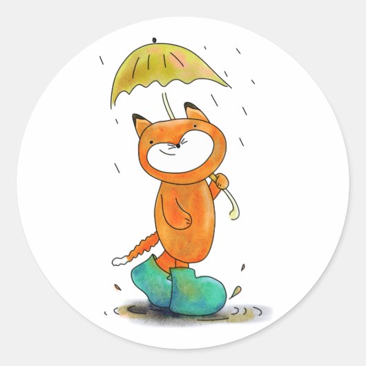 Leuke cartoon vos in de regen met paraplu ronde sticker (Voorkant)