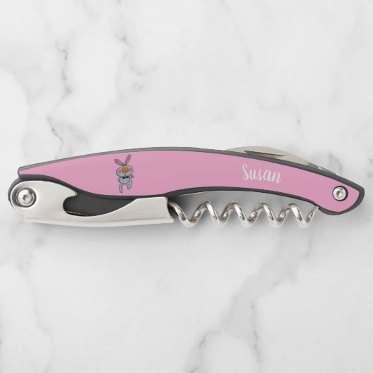 Leuke Cartoon White Bunny in Black Bow Stropdas Ro Kurkentrekker (Voorkant)