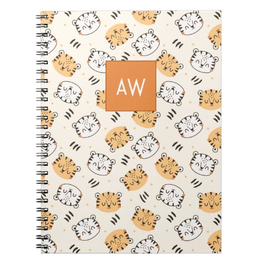 Leuke cartoon wilde tijger met monogram kinder notitieboek (Voorkant)