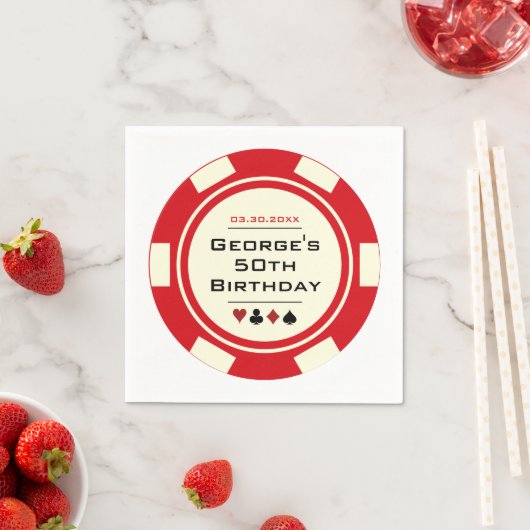 Leuke Casino Poker Chip in Rood en Cream Verjaarda Servet (Insitu)