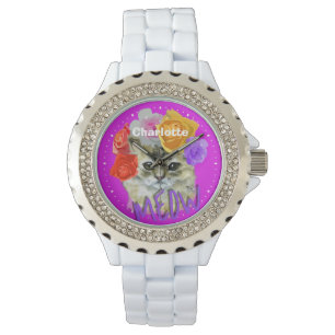 Leuke Cat Flowery Roos Hoofdtooi Meow gepersonalis Horloge