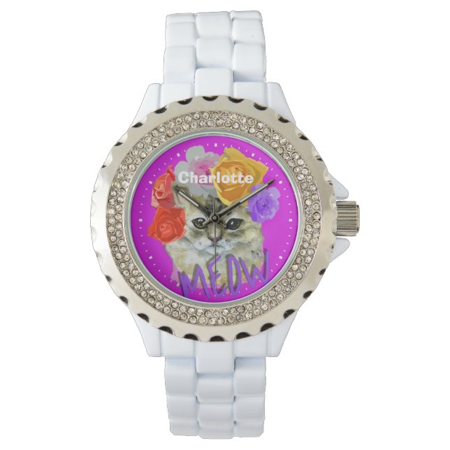 Leuke Cat Flowery Roos Hoofdtooi Meow gepersonalis Horloge (Voorkant)