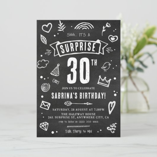 Leuke Chalkboard Doodle Surprise 30ste verjaardag Kaart (Staand voorkant)