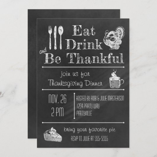 Leuke Chalkboard Thanksgiving Invitation Kaart (Voorkant / Achterkant)