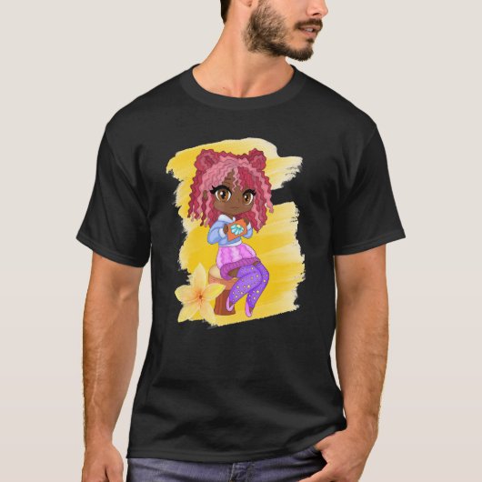 Leuke Chibi Gacha Stijl Mode Bruin Meisje Met Flo T-shirt (Voorkant)