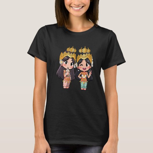Leuke Chibi stijl Cambodjaanse Khmer Apsara BFF vr T-shirt (Voorkant)