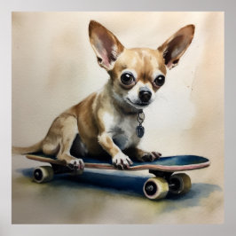 Leuke chihuahua zittend op skateboard poster