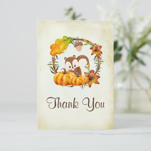 Leuke Chipmunk en Pumpkin Baby shower Bedankt (Staand voorkant)