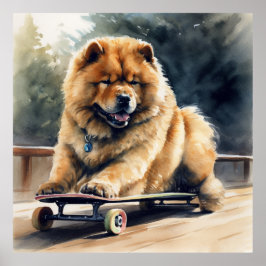 Leuke chow chow zittend op skateboard poster