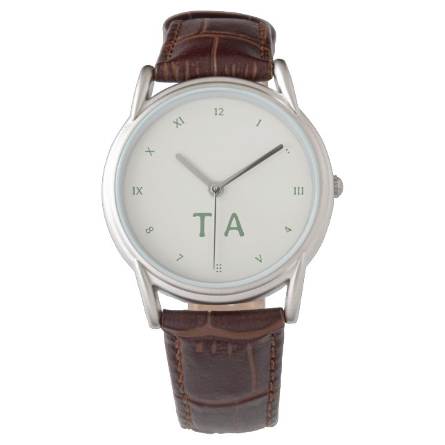 Leuke cijfers, groene naam of initialen op witte a horloge (Voorkant)