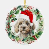 Leuke Cockapoo Puppy Holly Krans Kerstmis Keramisch Ornament (Voorkant)