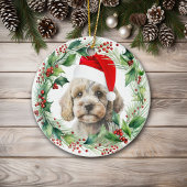 Leuke Cockapoo Puppy Holly Krans Kerstmis Keramisch Ornament