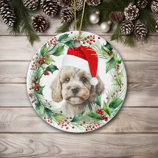 Leuke Cockapoo Puppy Holly Krans Kerstmis Keramisch Ornament