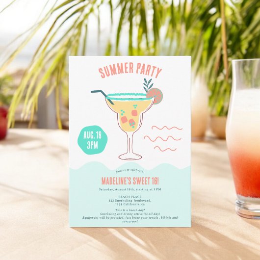 Leuke Cocktail illustratie zomer strand Sweet 16 Kaart
