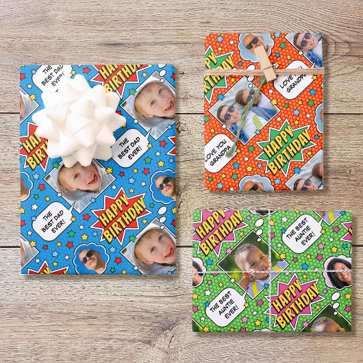 Leuke Comic Verjaardag Sterren Custom Foto's 3 Set Inpakpapier Vel